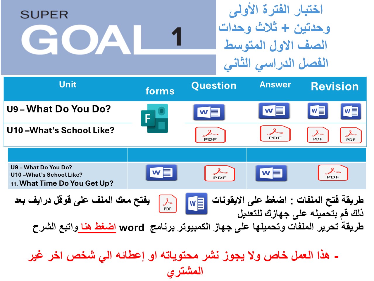 اختبار الفترة الأولى منهج Super Goal 1 - ,وحدتين وثلاث وحدات ( ورقي - Forms ) الفصل الدراسي الثاني+ المراجعة